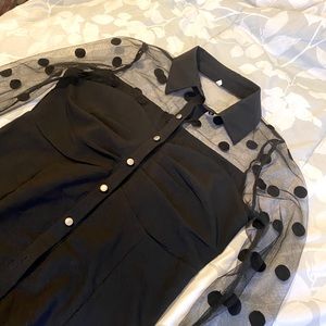 Black polkadot mesh button up
